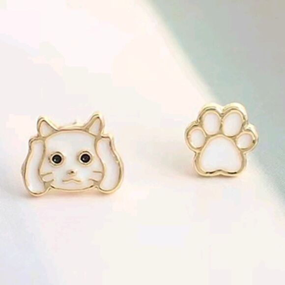 Cat and Paw Stud Earrings - Picture 1 of 4